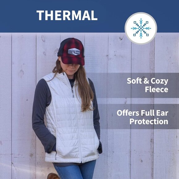 〽️Women’s Red Plaid W/Logo Winter Ponytail Trucker Hat with DropDown Ear Warmers main image 5